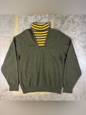 True Vintage Rollneck Sweater Large Lambs Wool 1950s 1960s Green Yellow Striped